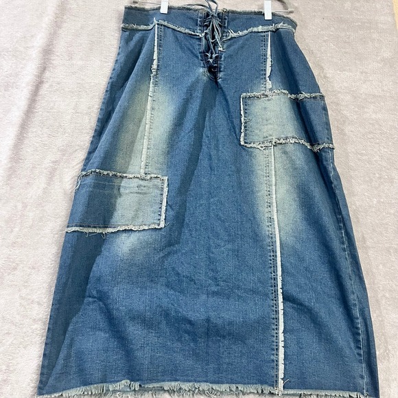 Dresses & Skirts - Patchwork Denim Maxi Skirt Women Large Blue Boho Lace Up Distressed Y2K Western